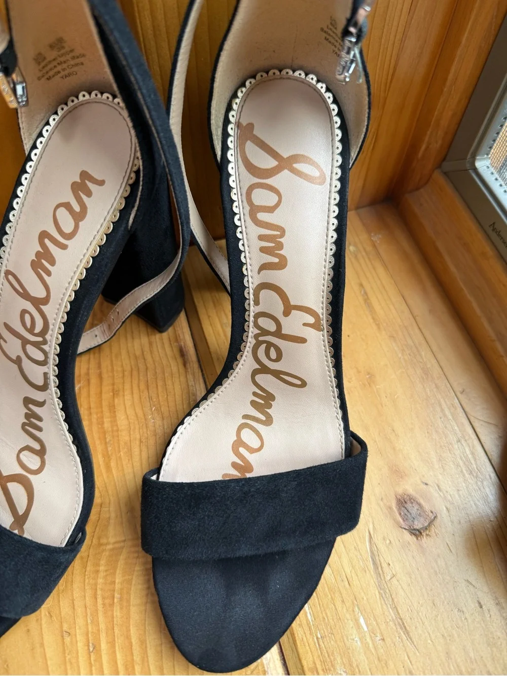 Size 8 Sam Edelman Yaro Black Suede High Heel Sandal Ankle Strap 4 in Block Heel